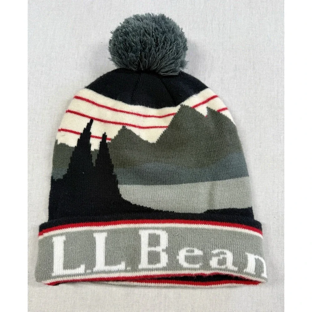 LL Bean Pom Pom Beanie Winter Hat Blue Gray Adult Unisex OSFA Stretch Mountains